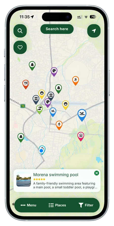 BubbleSpots app — map view showing nearby spots