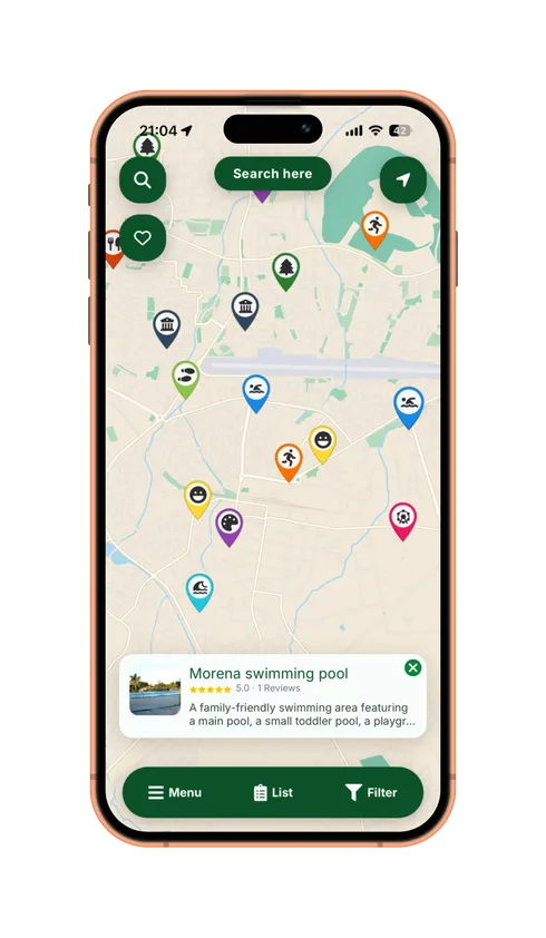 BubbleSpots app — map view showing nearby spots