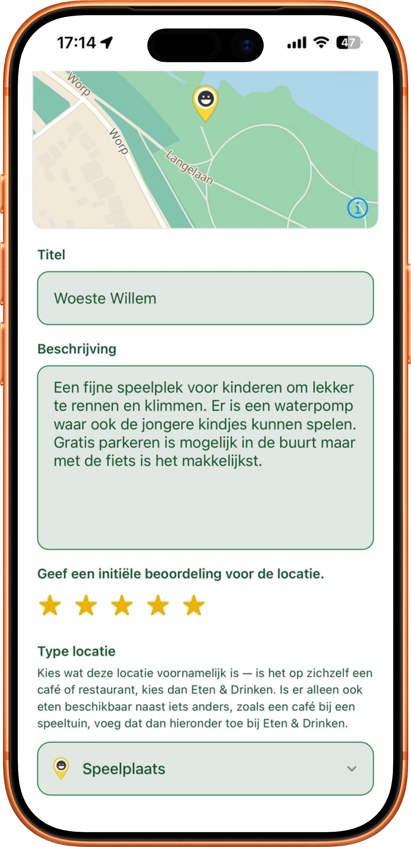 Scherm voor het toevoegen van een nieuwe plek, met titel, beschrijving, beoordeling en type plek