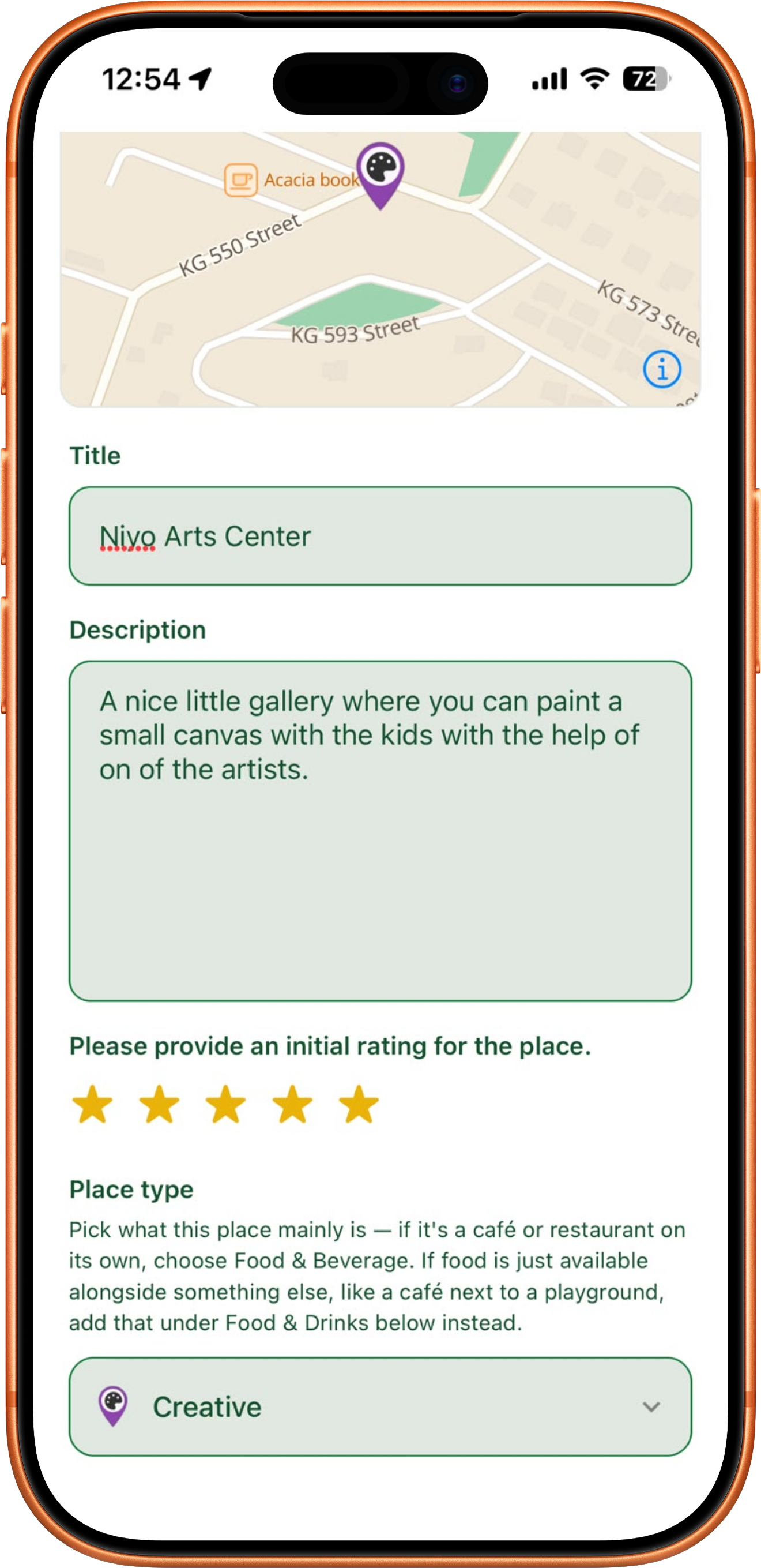 Screen for adding a new spot, with a title, description, rating, and place type