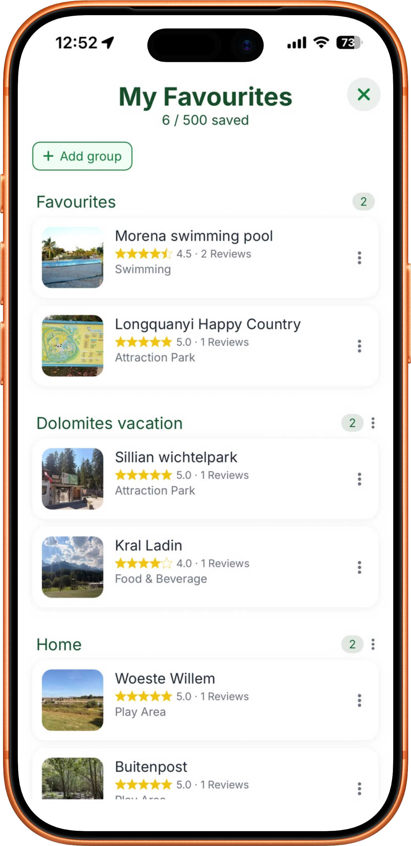 Favourites screen with saved spots organised into groups