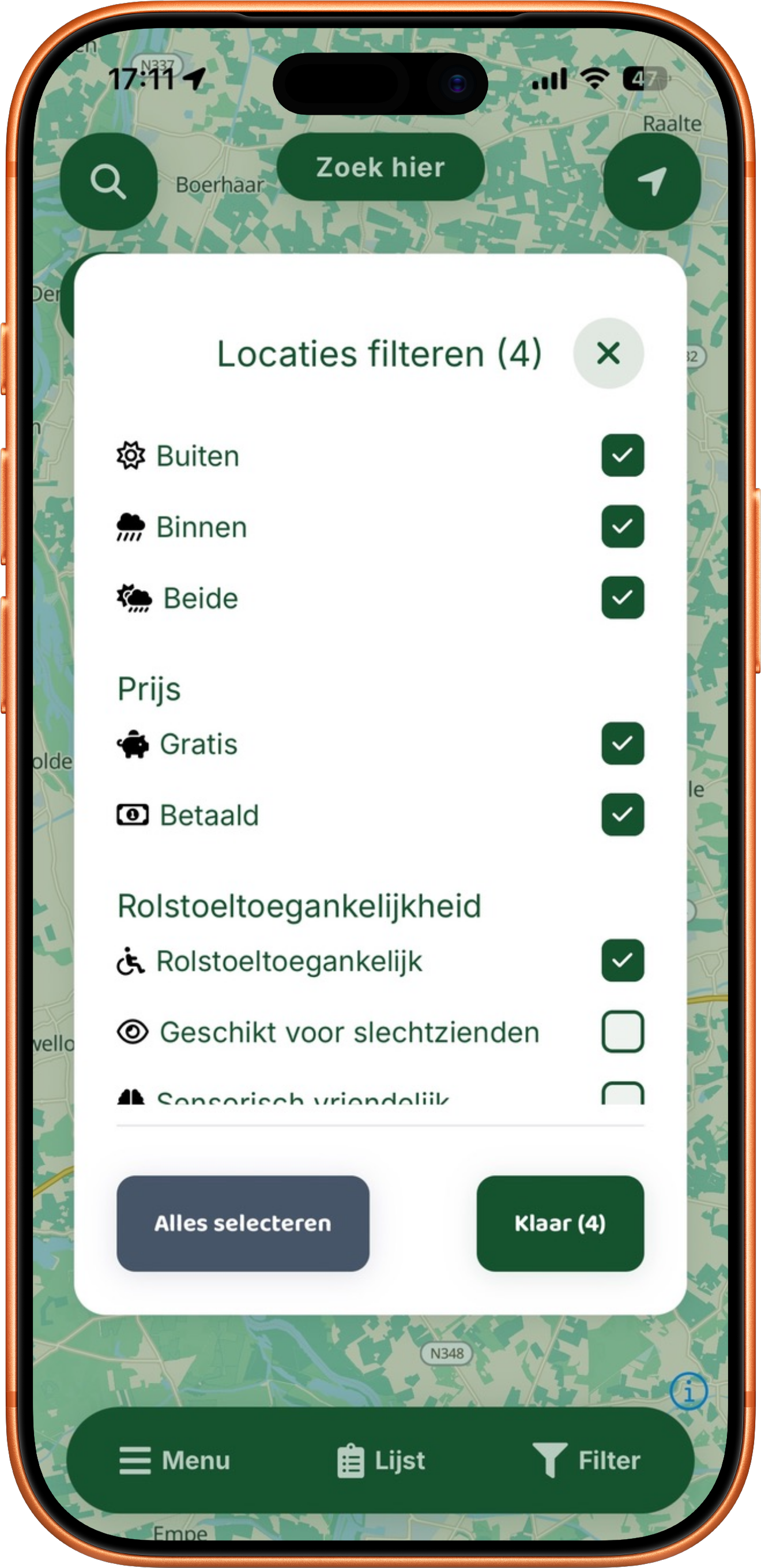 Filtermenu met binnen/buiten, prijs en toegankelijkheidsopties zoals rolstoeltoegankelijkheid