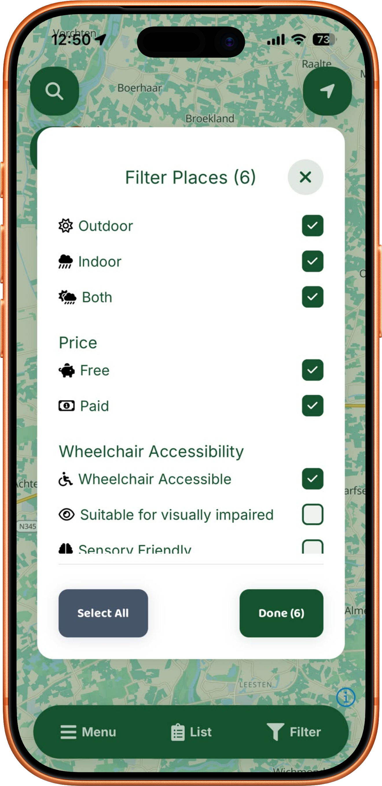 Filter menu with indoor/outdoor, price, and accessibility options including wheelchair access
