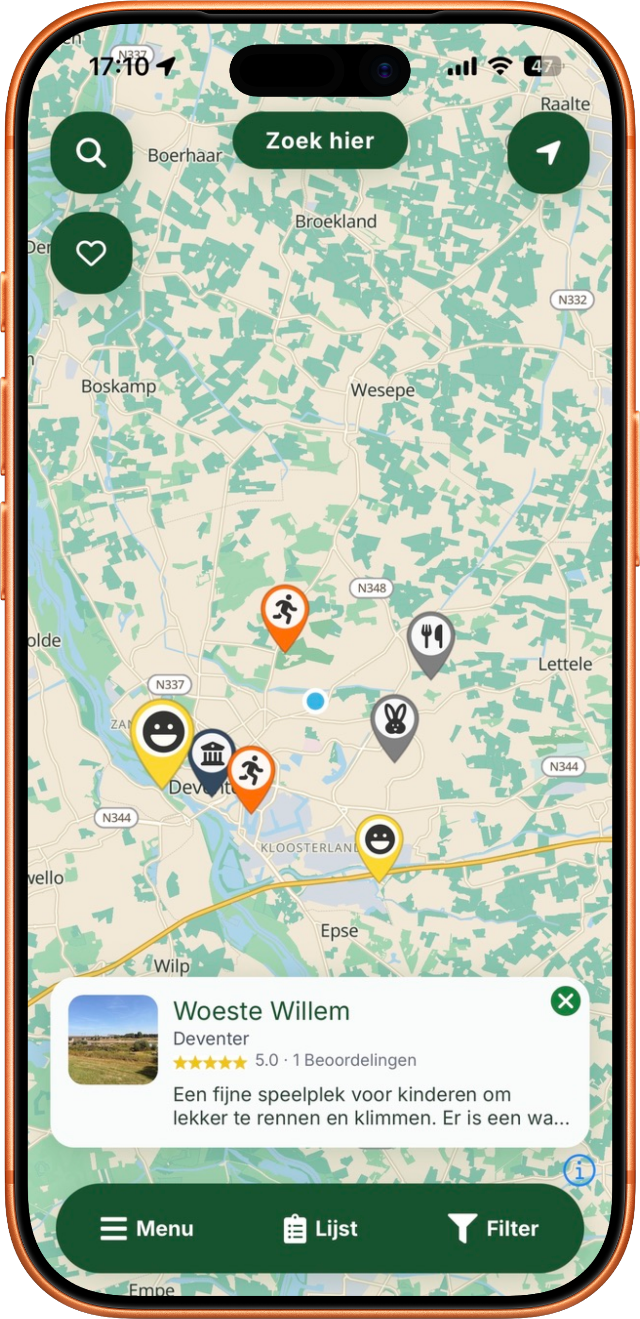 BubbleSpots kaartweergave met plek-pins rond Deventer