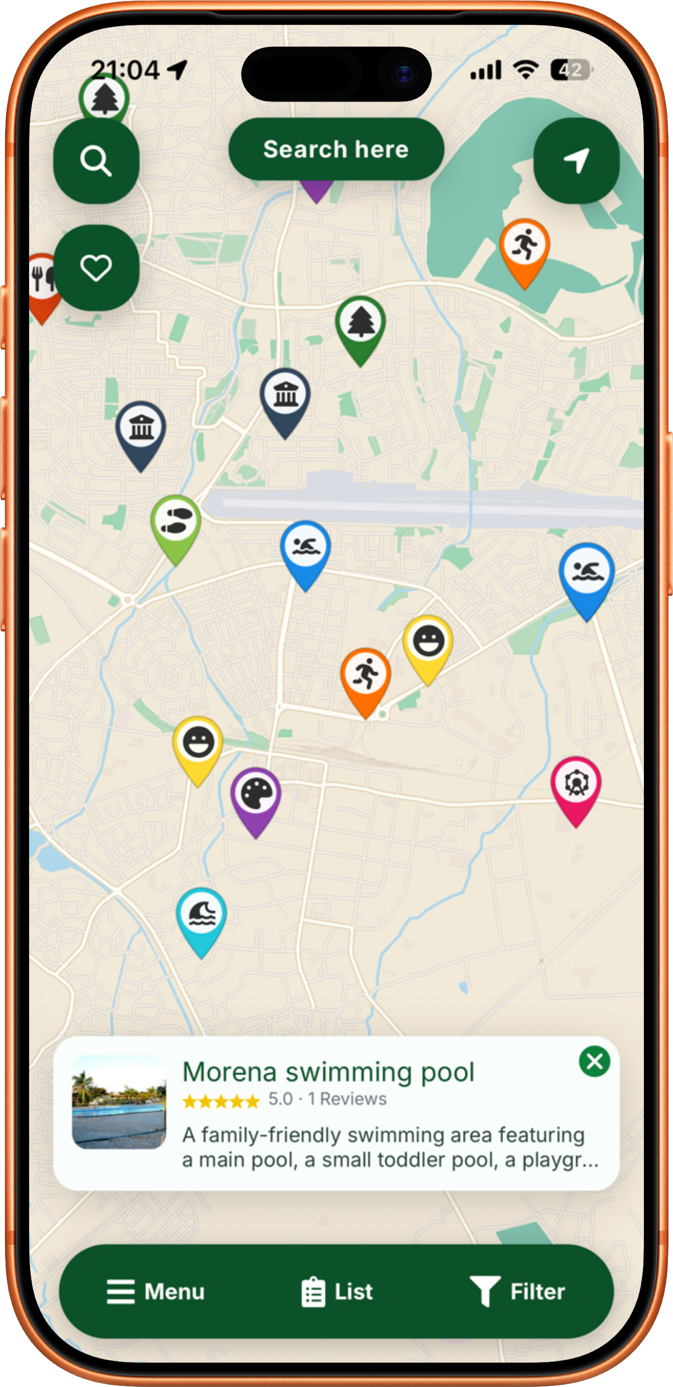 BubbleSpots map view showing spot pins across a city
